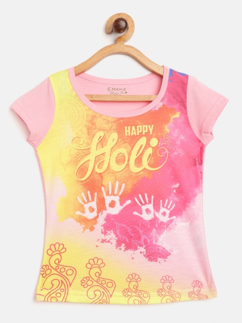 

Eteenz Girls Pink Yellow Holi Inspired Print Round Neck Pure Cotton T-shirt