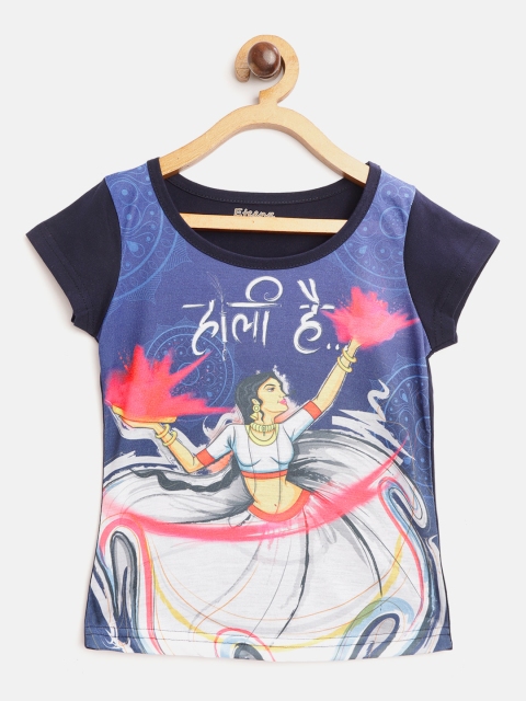 

Eteenz Girls Navy Blue White Holi Inspired Print Round Neck Pure Cotton T-shirt