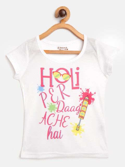 

Eteenz Girls White Pink Holi Inspired Print Round Neck Pure Cotton T-shirt