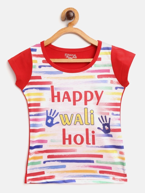 

Eteenz Girls White Red Holi Inspired Print Round Neck Pure Cotton T-shirt