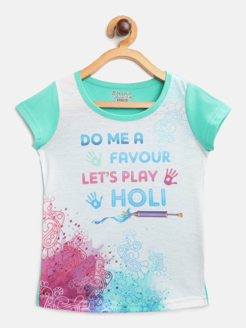 

Eteenz Girls Green & White Holi Inspired Print T-shirt with Abstract Print Detail