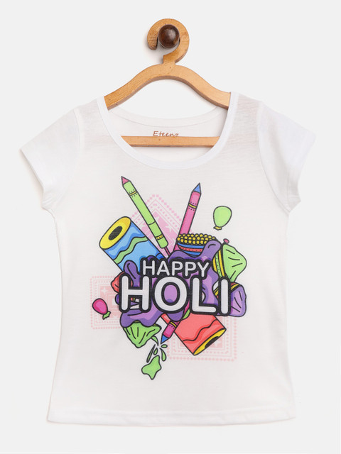

Eteenz Girls White & Purple Happy Holi Print Round Neck Cotton T-shirt