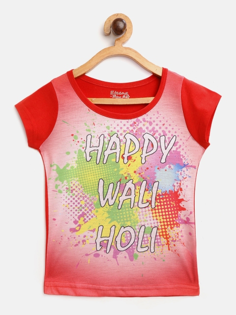 

Eteenz Girls Red & White Happy Holi Print Round Neck Cotton T-shirt with Abstract Print