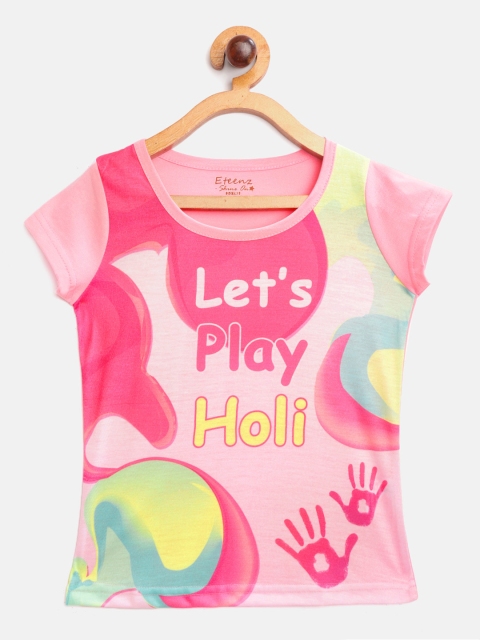 

Eteenz Girls Pink & Yellow Holi Inspired Abstract Printed Round Neck Cotton T-shirt