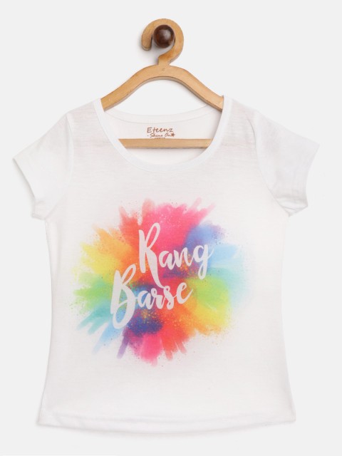 

Eteenz Girls White & Pink Holi Inspired Printed Round Neck Pure Cotton T-shirt