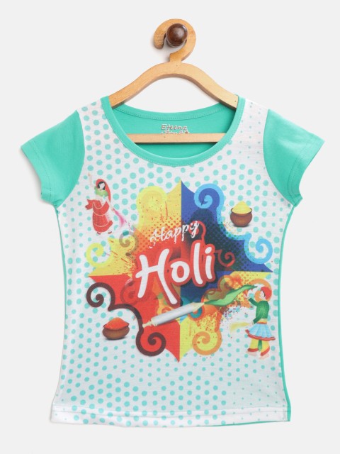 

Eteenz Girls Green & White Polka Dot & Holi Inspired Print Round Neck Cotton T-shirt
