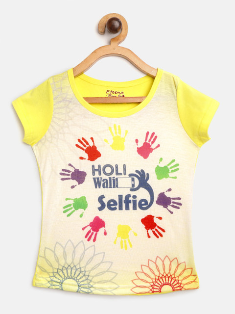 

Eteenz Girls Yellow & Beige Holi Inspired Printed Round Neck Cotton T-shirt