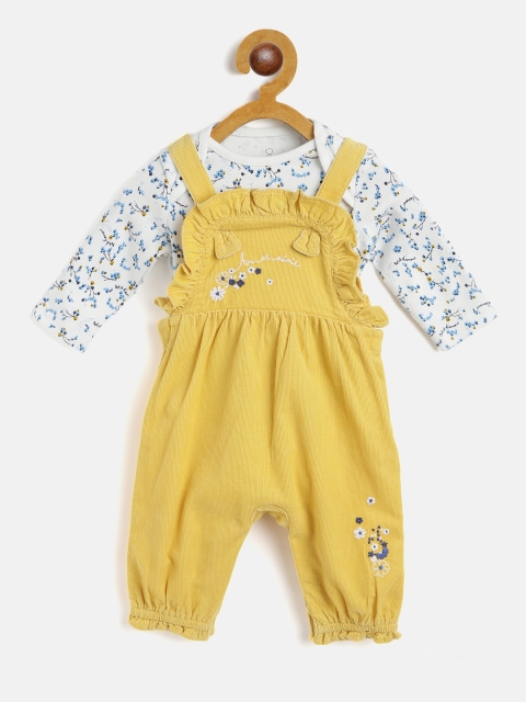 

mothercare Infant Girls Mustard Yellow Solid Ruffled Cotton Corduroy Dungares & Bodysuit