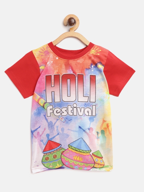 

Eteenz Boys Red Blue Holi Inspired Print Round Neck Pure Cotton T-shirt