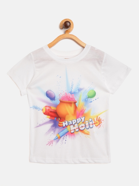 

Eteenz Boys White Yellow Holi Inspired Print Round Neck Pure Cotton T-shirt