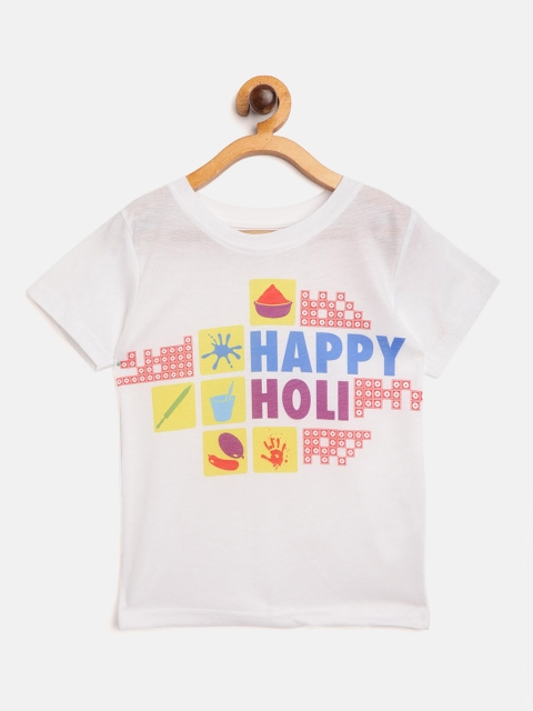 

Eteenz Boys White Yellow Holi Inspired Print Round Neck Pure Cotton T-shirt