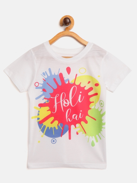 

Eteenz Boys White Pink Holi Inspired Print Round Neck Pure Cotton T-shirt