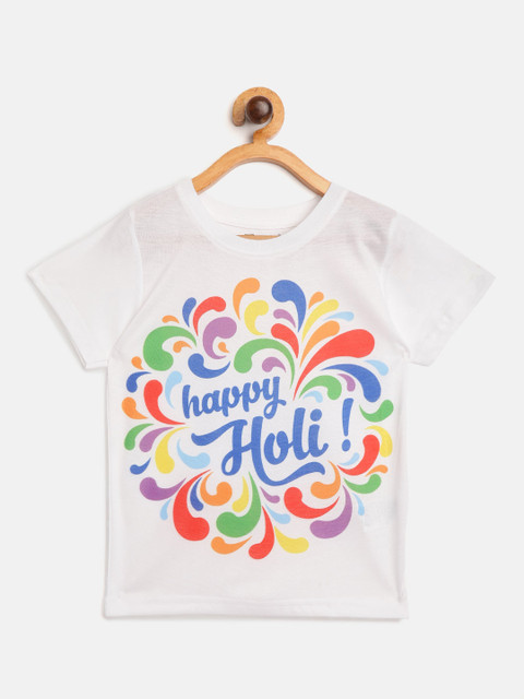

Eteenz Boys White Blue Holi Inspired Print Round Neck Pure Cotton T-shirt