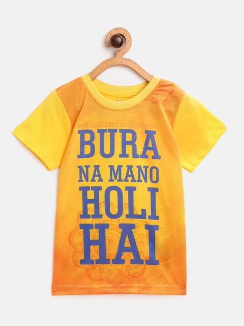 

Eteenz Boys Orange Yellow Holi Slogan Print Round Neck Pure Cotton T-shirt