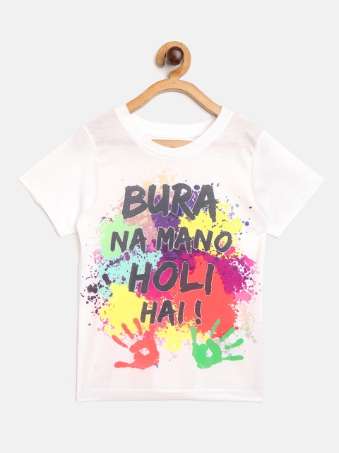 

Eteenz Boys White & Blue Holi Inspired Print Pure Cotton Round Neck T-shirt