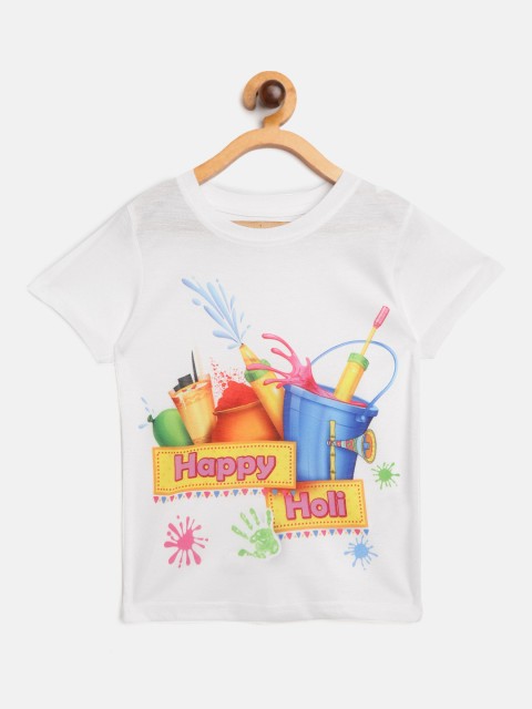 

Eteenz Boys White Mustard Yellow Holi Inspired Print Round Neck Pure Cotton T-shirt