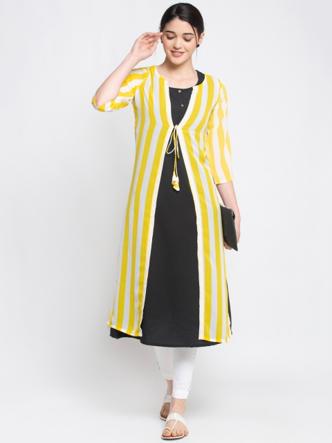 

ALC Creations Women Black & Yellow Striped Layered A-Line Kurta