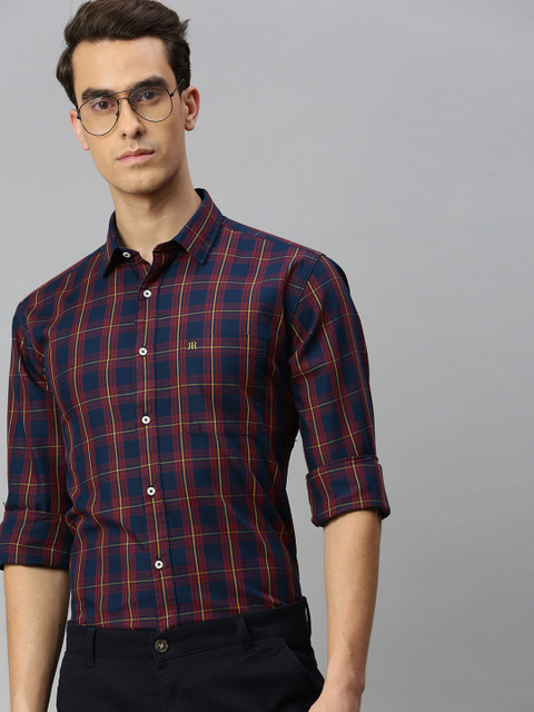 

Raymond Men Navy Blue & Red Slim Fit Checked Pure Cotton Casual Shirt