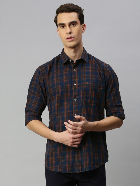 

Raymond Men Blue & Brown Slim Fit Checked Pure Cotton Casual Shirt