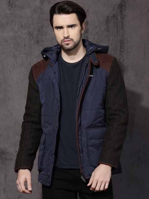 

Roadster Navy Padded Jacket with Detachable Hood, Navy blue