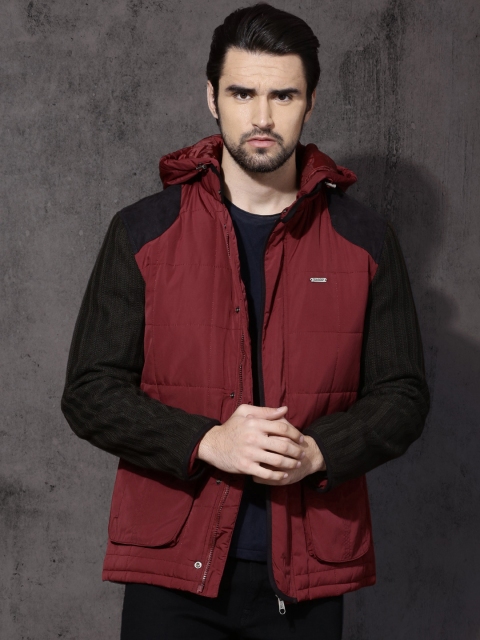

Roadster Burgundy & Olive Green Padded Jacket with Detachable Hood