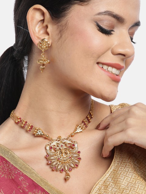 

JEWELS GEHNA Red Gold-Plated Stone-Studded Goddess Lakshmi Handcrafted Jewellery Set
