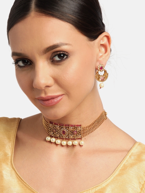 

JEWELS GEHNA Maroon Gold-Plated Stone Studded & Beaded Handcrafted Jewellery Set