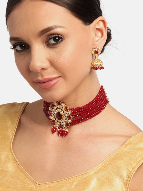 

JEWELS GEHNA Maroon Gold-Plated Kundan Studded & Beaded Handcrafted Jewellery Set