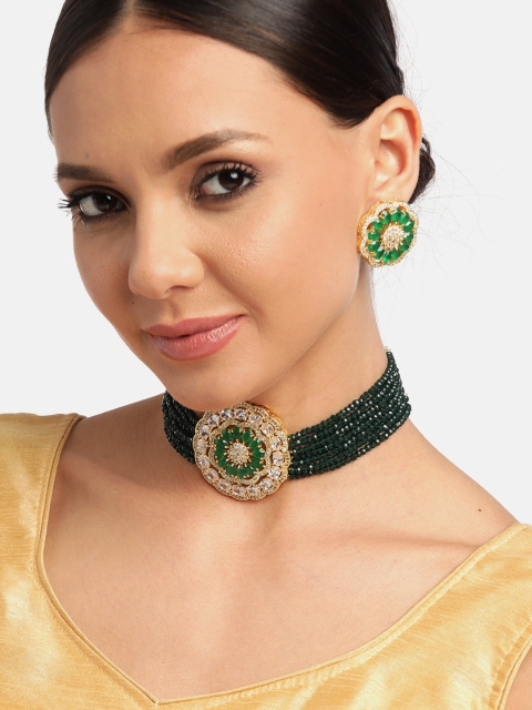 

JEWELS GEHNA Green Gold-Toned AD Studded & Beaded Handcrafted Jewellery Set