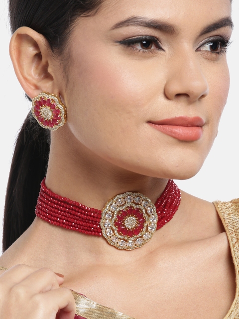 

JEWELS GEHNA Maroon Gold-Plated Handcrafted AD-Studded Multi-Stranded Jewellery Set
