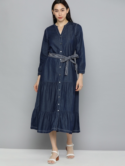 

Chemistry Women Blue Solid A-Line Chambray Tiered Dress