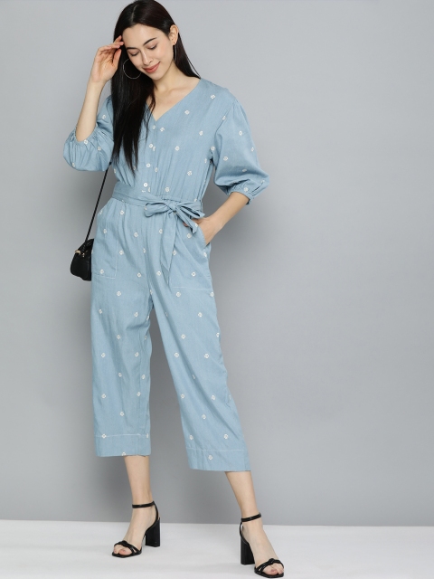 

Chemistry Women Blue & White Denim Embroidered Capri Jumpsuit