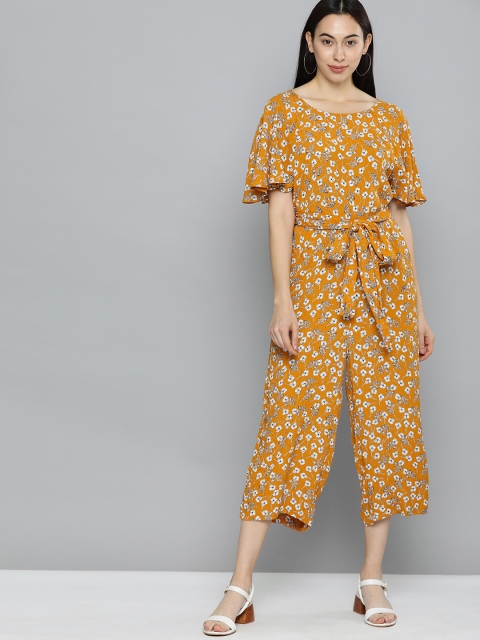 

Chemistry Women Mustard Yellow & White Floral Printed Capri Jumpsuit with Waist Tie-Ups