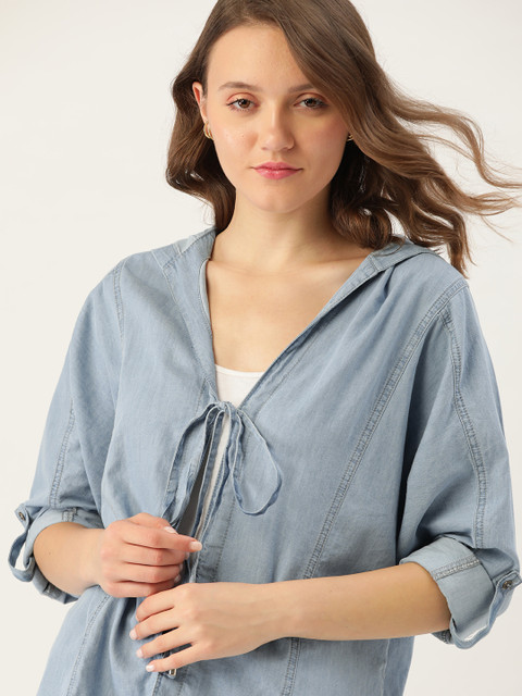 

DressBerry Women Blue Chambray Hooded Tie-Up Shrug