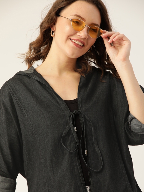 

DressBerry Women Black Pure Cotton Solid Tie-Up Hooded Shrug