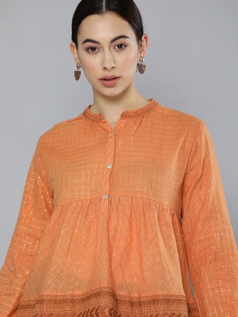 

Chemistry Women Rust Orange with Lurex Checked Mandarin Collar Embroidered Top