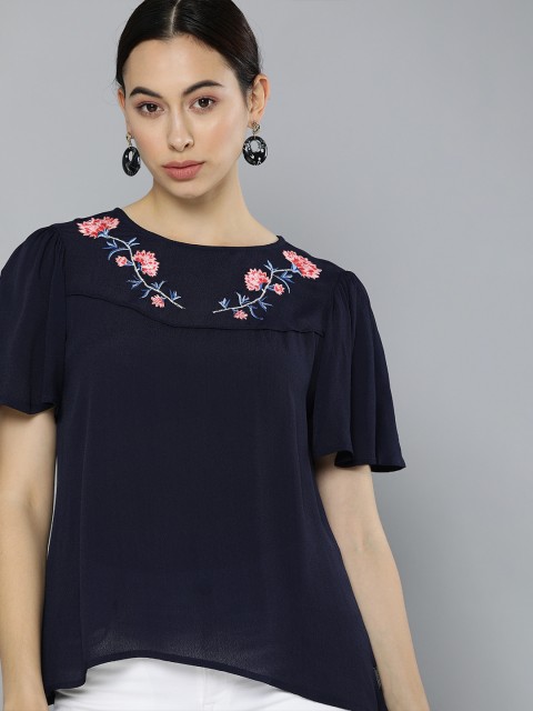 

Chemistry Women Navy Blue Solid Regular Top with Floral Embroidered Detail