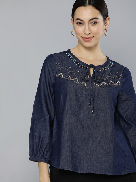 

Chemistry Women Navy Blue Solid Pure Cotton Denim Top with Embellished Detail