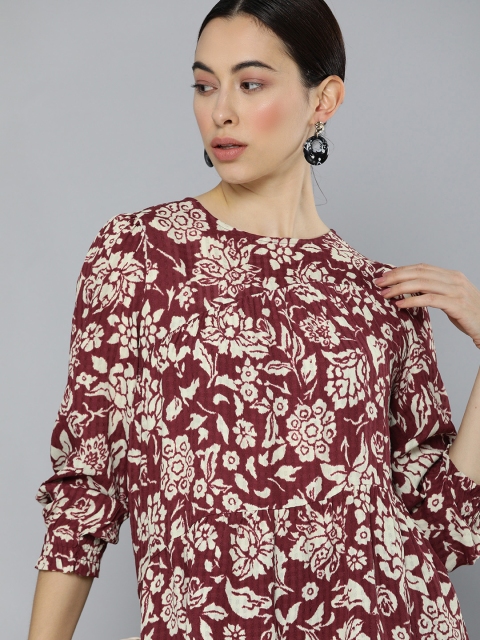 

Chemistry Maroon & Beige Floral Printed Puff Sleeves Crepe Regular Top