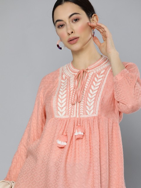 

Chemistry Rose & White Floral Keyhole Neck Puff Sleeves Jaquard A-line Top