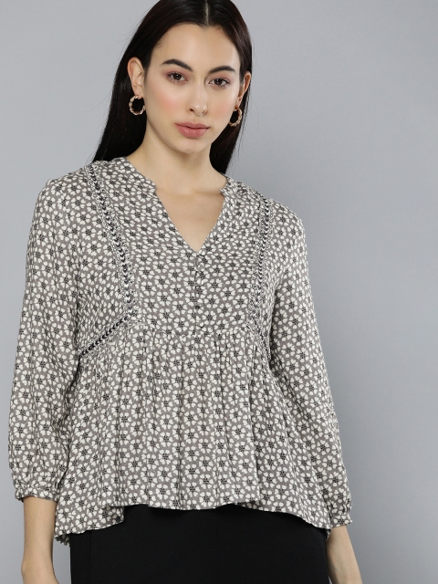 

Chemistry Grey & White Floral Printed Puff Sleeves Jaquard A-line Top