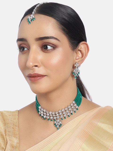

I Jewels Green Silver-Plated Embellished Choker Jewellery Set