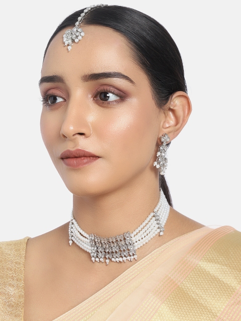 

I Jewels White Silver-Plated Embellished Handcrafted Jewellery Set