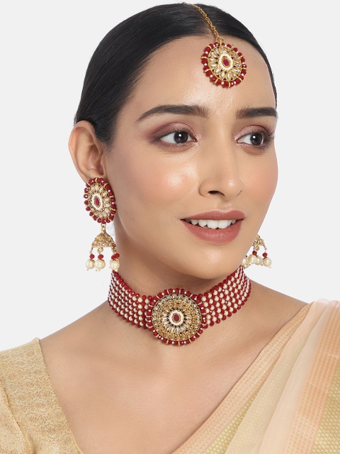 

I Jewels Gold-Plated Maroon Beaded Jewellery Set