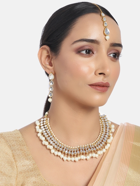 

I Jewels White Gold-Plated Kundan & Pearl Embellished Jewellery Set
