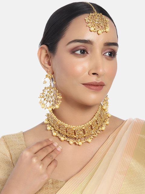 

I Jewels Gold-Plated Kundan-Studded Beaded Jewellery Set