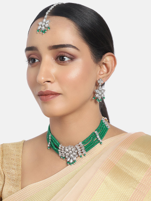 

I Jewels Green Silver-Plated Embellished Jewellery Set