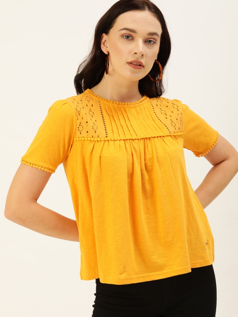 

Lee Cooper Women Mustard Yellow Solid Regular Top with Schiffli Embroidery Detail