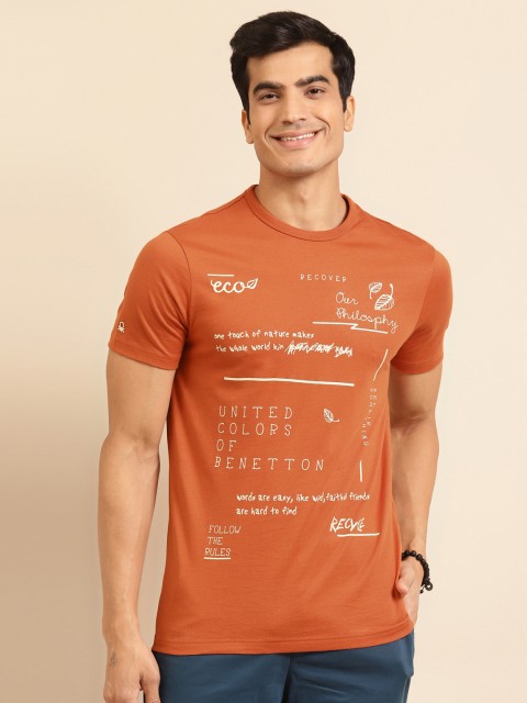 

United Colors of Benetton Men Sustainable Rust Orange Cream-Coloured Printed Pure Cotton T-shirt