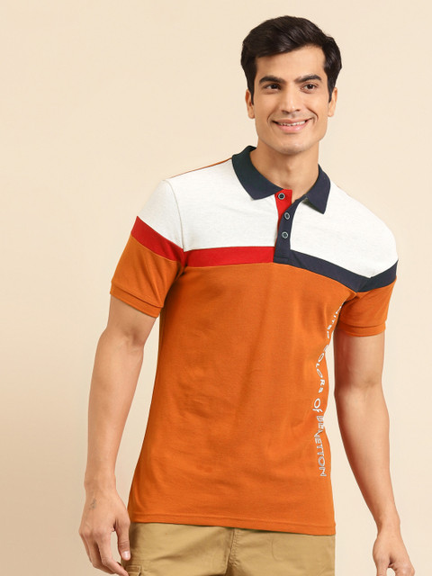 

United Colors of Benetton Men Rust Orange White Cotton Colourblocked Polo Collar Pure Cotton T-shirt